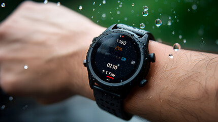 Waterproof smartwatch on mans hand with water splashes around. Water sprayed on the Smart watch. Smart watch waterproof test.