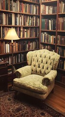 Comfortable Armchair In Cozy Reading Nook With Bookshelves And Lamp
