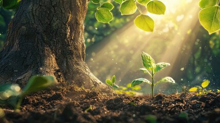 A big tree with green leaves, under which there is soil and two small seedlings growing from the ground. The background of the picture has sunlight 