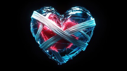 A blue Ä°ce heart wrapped in bandages with white edges, broken and red, illuminated by neon light on black background. Concept of lovecore 