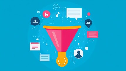 Illustration of a search marketing funnel detailing the stages of the search marketing process, including areas for additional customer journey information and insights.