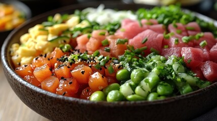 Delicious Poke Bowl with Tuna, Salmon and Edamame