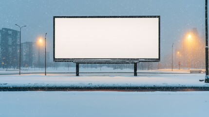 Obraz premium Snow-covered billboard in an urban setting, illuminated by streetlights, bold colors contrasting against the snowy backdrop advertising snow campaign. 3D Illustration