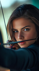 Female archer aiming at target with blurred archery range