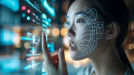 A woman interacting with a digital interface featuring facial recognition technology.