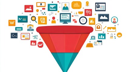 Illustration of a search marketing funnel detailing the stages of the search marketing process, including areas for additional customer journey information and insights.