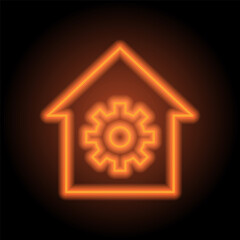 Gear, house simple icon vector. Flat design. Orange neon on black background