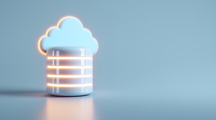 A modern cloud symbol over a data storage unit, representing cloud computing and digital data management.