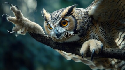 A close-up of an owl talons gripping a branch, feathers rustling softly in the breeze as it watches silently.