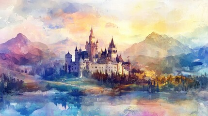 Fototapeta premium A picturesque castle painted in soft watercolor, surrounded by fantasy elements like rolling hills and glowing skies.