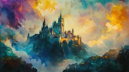 Fototapeta premium A picturesque castle painted in soft watercolor, surrounded by fantasy elements like rolling hills and glowing skies.