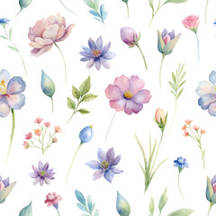 Seamless background delicate watercolor garden flowers and grasses