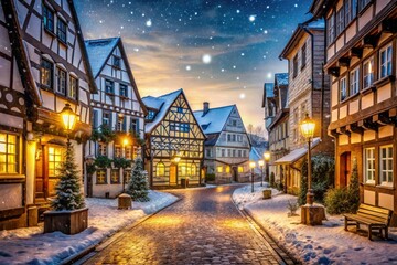 Naklejka premium quaint germany village street at night snowflakes gently fall on cobblestone roads twinkling street lamps cast warm glow ancient Fachwerk buildings festive atmosphere