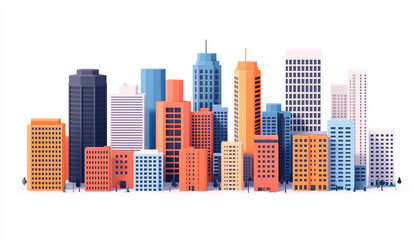 Fototapeta premium Stylized skyline with colorful skyscrapers representing modern urban architecture and city life.