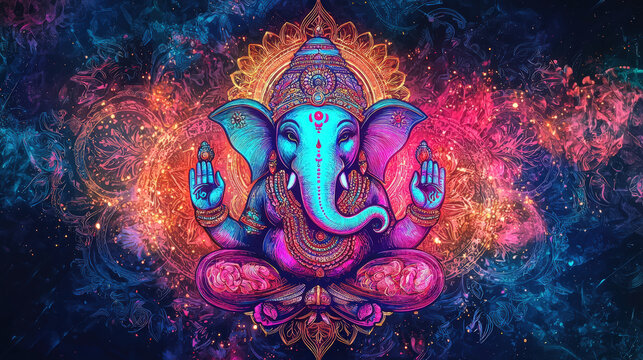 A vibrant abstract watercolor depiction of Ganesha, featuring neon accents and intricate details, radiates sense of joy and spirituality. colorful background enhances divine presence