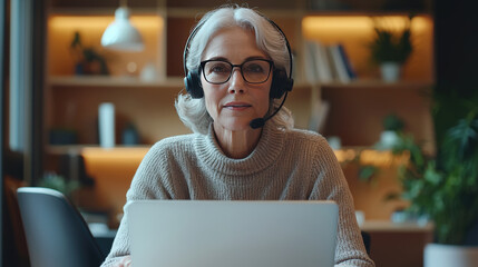 An older operator woman with headset is seated in front of laptop, exuding confidence and professionalism in modern workspace