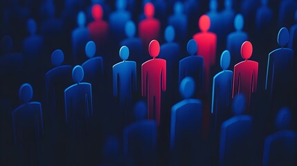 Fototapeta premium Abstract Crowd Silhouettes in Blue and Red Tones Expressing Unity and Diversity