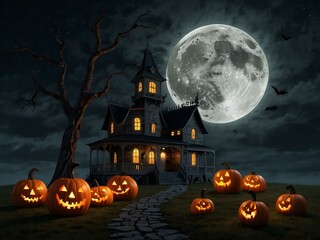 3D render of a Halloween-themed haunted house at night with a large moon.