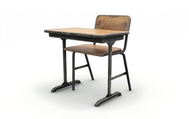 Detailed 3D Model of Traditional Classroom Desk and Chair with Wood and Metal Textures on White Background
