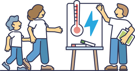 Family learning about geothermal energy at a plant, with a guide explaining temperature and energy concepts on a whiteboard.