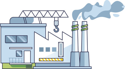 Illustration of a factory building with a crane and smokestacks emitting smoke.