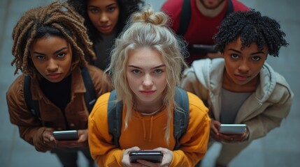 Fototapeta premium Group of diverse friends looking at the camera holding their smartphones, social media, technology, mobile phone, communication