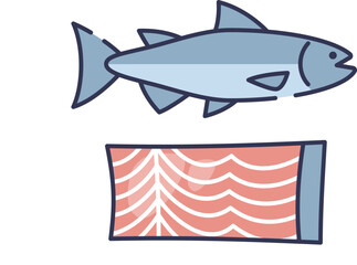 Illustration of a whole fish and a fish fillet, representing seafood and culinary preparation.