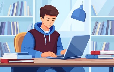 Modern Student Workspace: Vector Illustration of Student at Desk with Laptop and Books in Contemporary Educational Setting