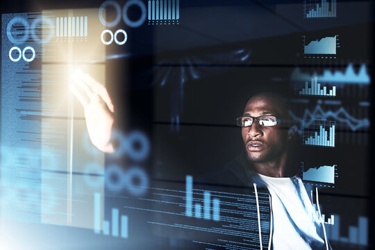 Man, glasses and programmer at night with hologram, selection and dashboard for web design. Person, coding and future tech in dark office for cybersecurity, software development or interactive AI