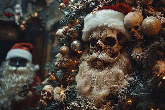 Creepy Santa skull on a Christmas tree