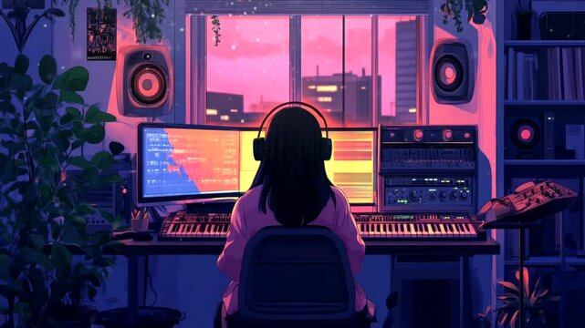 Anime girl producing music in a digital home studio at dusk. Seamless looping 4K time-lapse video background