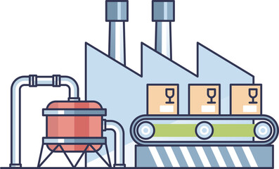Fototapeta premium Illustration of a factory using geothermal steam for industrial processes, featuring pipes, a steam generator, and a conveyor belt with boxes.