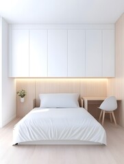 Modern Minimalist Bedroom Interior Design with White Bed  Wooden Desk and Chair