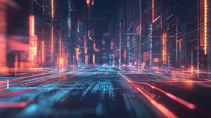 Abstract Digital Cityscape with Red and Blue Lights