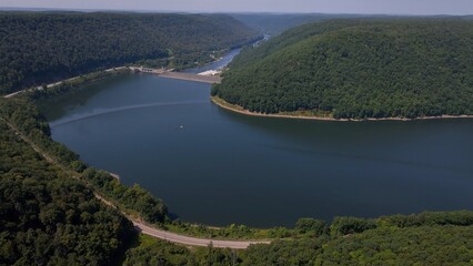 Reservoir Dam waterfalls releasing water downstream Kinzua Dam Allegheny National Forest landscape...