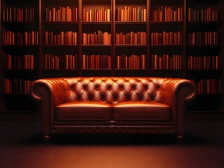 Leather Sofa in Front of Bookshelf in Library