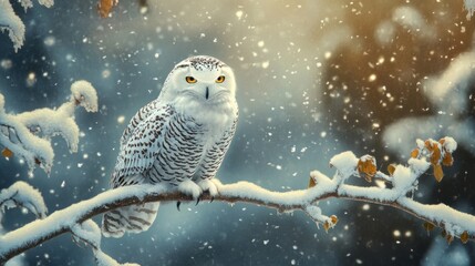 A snowy owl perched on a frosty branch, surrounded by falling snow, exuding quiet wisdom in the winter landscape.