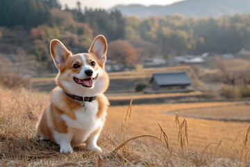 Corgi breed dog sitting in a rice field in a small, warm village.