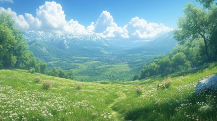 Obraz premium Serene mountain landscape with lush greenery and distant peaks.