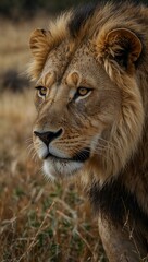Obraz premium A lion stealthily stalking its prey in the wild.
