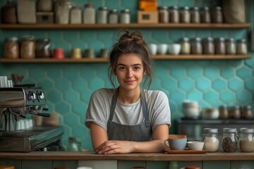 A cheerful young barista standing behind a counter in a charming cafe, with a welcoming smile, surrounded by rustic decor and coffee jars on shelves.