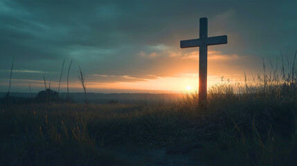 Holy cross in a beautiful field at sunset, Christianity religion and faith in God Jesus Christ, with spiritual hope, salvation and repentance forgiveness, repentance, accepting the sacrifice of Jesus