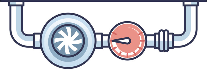 Illustration of pipelines carrying hot water or steam with a turbine and pressure gauge. © VectorMine