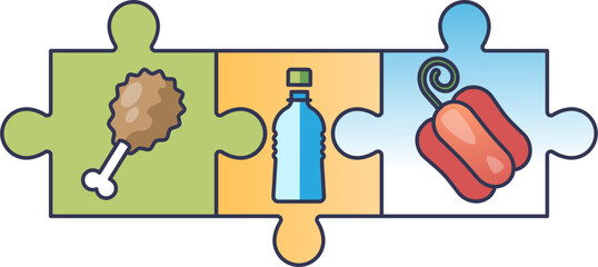 Illustration of puzzle pieces with food items: a chicken drumstick, a water bottle, and a bell pepper, symbolizing balanced nutrition.