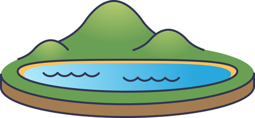 Illustration of rolling hills and a pond, symbolizing tranquility and natural beauty.