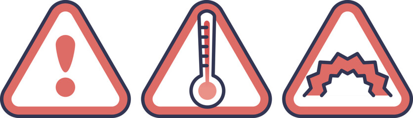 Three triangular safety symbols indicating general hazard, high temperature, and ground instability specific to geothermal operations.