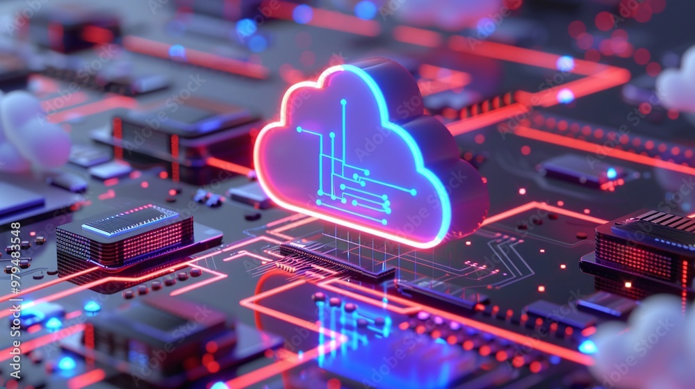 Poster a vibrant illustration of cloud computing technology on a circuit board with glowing elements, repre