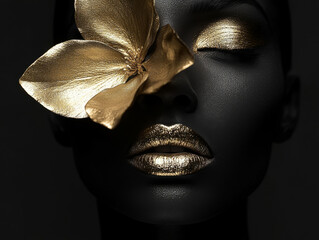 A woman's face is painted gold and black, with a gold flower on her nose