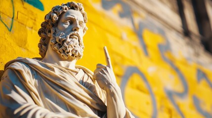 Detailed statue of a philosopher against a vibrant yellow background, capturing a moment of contemplative expression.