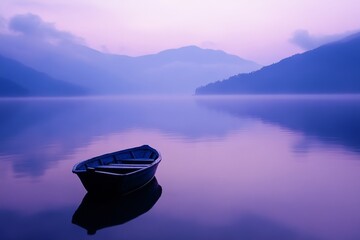 Tranquil lake with a boat  serene reflections in purple blue tones on calm waters